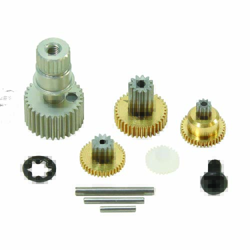 Components of a metal gear train for a Hitec servo.